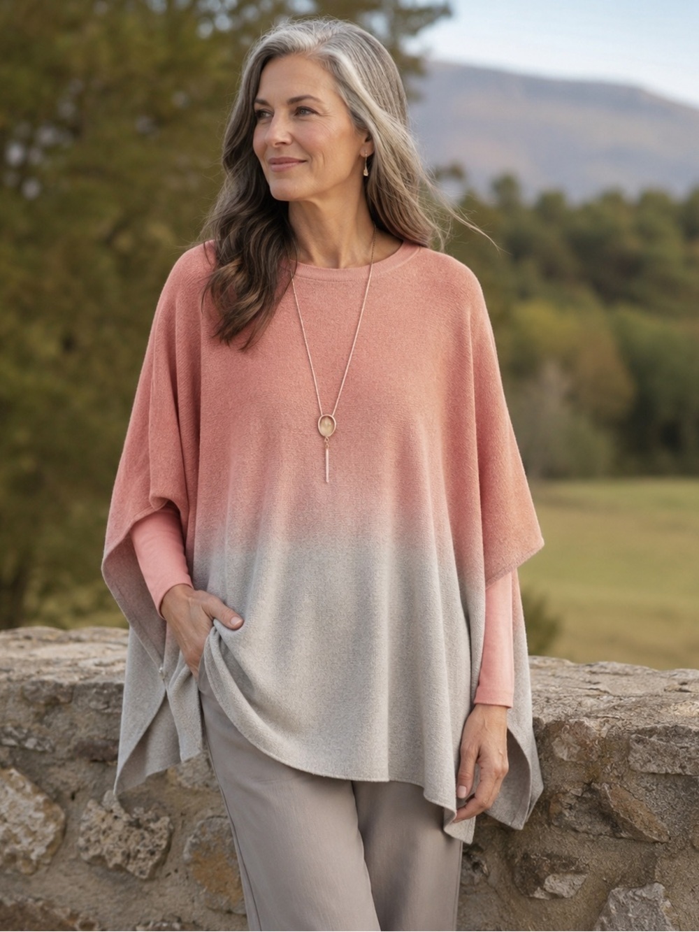 J Jill Womens Sweater O/S One Sz Pink Gray Ombre Dip Dye Knit Poncho Top Coastal